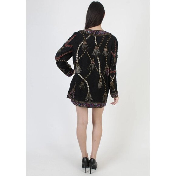Vintage 80s Lawrence Kazar Womens Black Silk Beaded Sequin Tassel Jacket Size XL - Picture 3 of 16